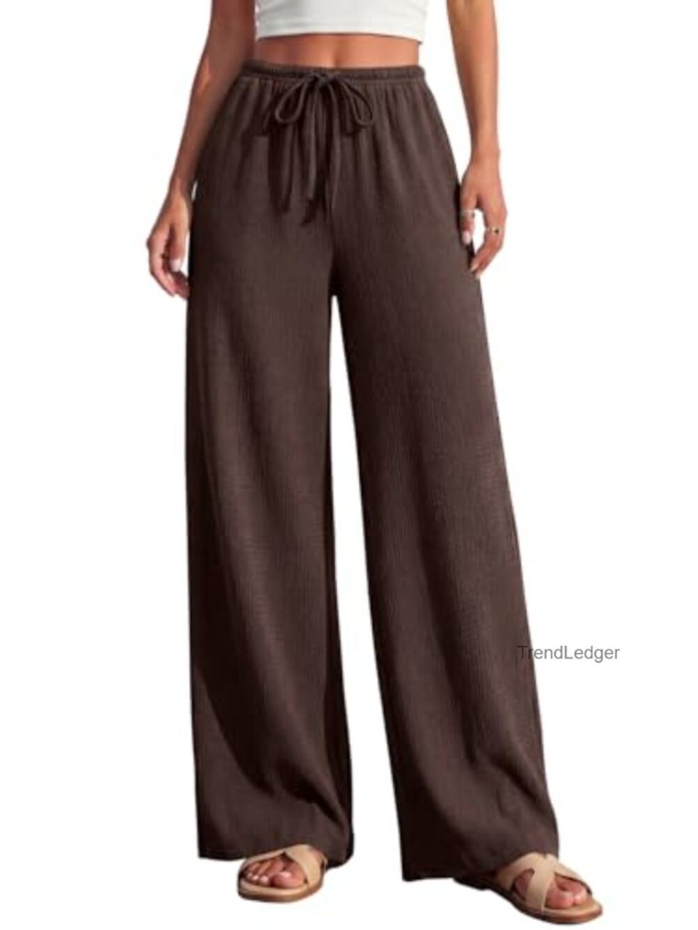 Wide Leg Palazzo Lounge Pants Elastic Waist Drawstring Textured Trousers